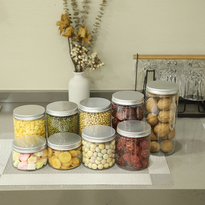 Sin fugas 250 ml 350 ml Jar de plástico para galletas y dulces con tapa de aluminio