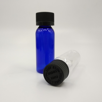 Botellas redondas de plástico azul cobalto de 1 oz con tapa con costilla negra