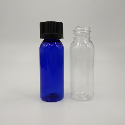 Botellas redondas de plástico azul cobalto de 1 oz con tapa con costilla negra