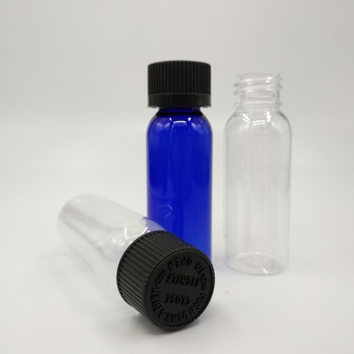 Botellas redondas de plástico azul cobalto de 1 oz con tapa con costilla negra