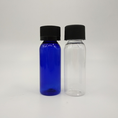 Botellas redondas de plástico azul cobalto de 1 oz con tapa con costilla negra