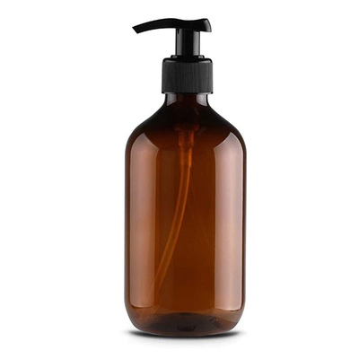 Botella de loción de plástico PET de 500 ml de color ámbar vacío de 16 oz rellenable con bomba para champú