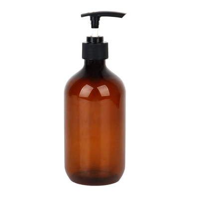 Botella de loción de plástico PET de 500 ml de color ámbar vacío de 16 oz rellenable con bomba para champú