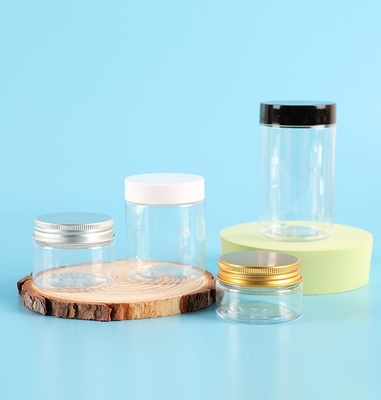 Jarrones de plástico para mascotas Contenedor de plástico vacío de galletas con tapas de aluminio para envases de alimentos