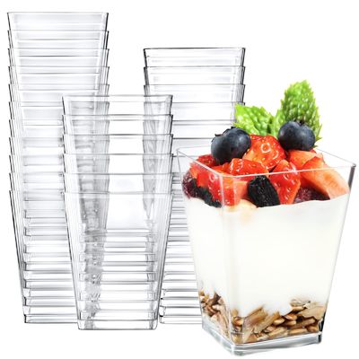 Vasos de postre cuadrados transparentes reutilizables con tapas y cucharas, capacidad de 120 ml, 250 ml, 350 ml y 500 ml