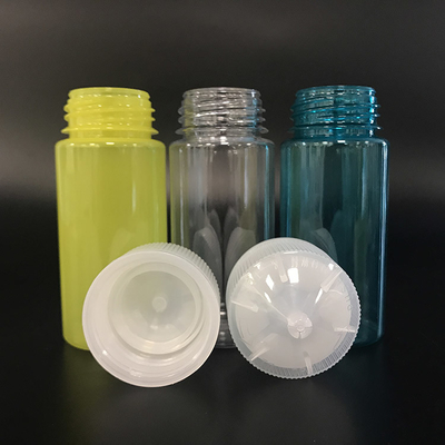 Botellas de plástico PET transparentes de 100 ml con tapas de tornillo metálicas para líquido