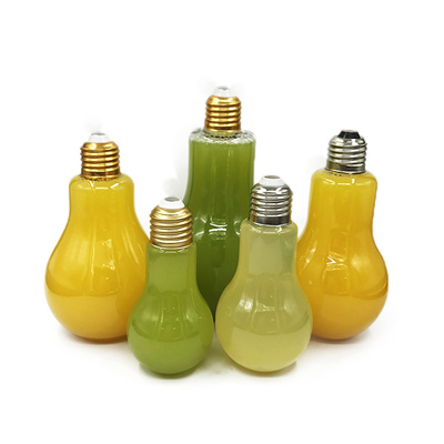 Nuevo diseño botellas de plástico para el negocio del jugo botellas de jugo reciclables en forma de bombilla de luz botella de jugo con en stock