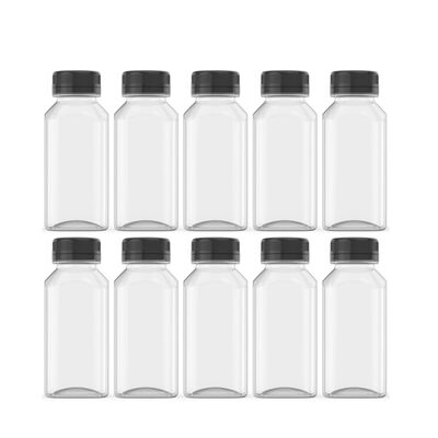 Botella de plástico de grado alimenticio para bebidas, botellas de plástico personalizadas con logo para bebidas de 12 oz, botellas de jugo con tapa en stock