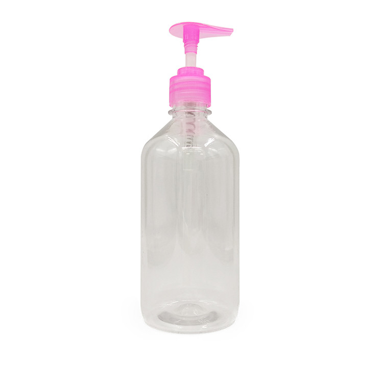 Botella redonda de loción PET en forma de cilindro con tapa de bombeo de tornillo y acabado de cuello 24/410