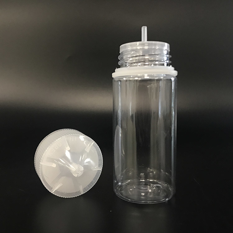 Botella de líquido PET E a prueba de niños con tapa de tornillo de 100 ml para embalaje de líquido E con serigrafía