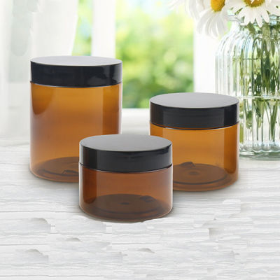 Fast Shipping Plastic Jar for Cosmetic Amber Food Quality Bottle Pet Bottles with Screw Black Cap with Custom Designs